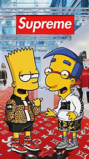 Bart 和 Milhouse 穿著設計師服裝在 Supreme 店內。