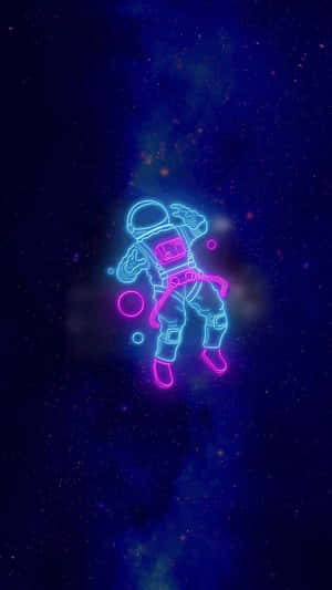 霓虹太空人在繁星點點的太空中漂浮，帶有發光輪廓。 — 復古 壁紙