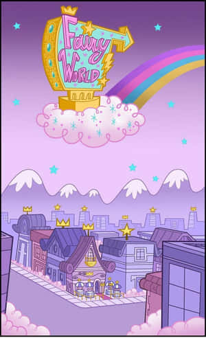 紫色天空下，帶有彩虹和城堡的Fairy World卡通小鎮。 — 復古 壁紙