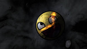 一個受損的 Pac-Man 表情符號，嘴裡有閃電，漂浮在太空中的小行星之間。