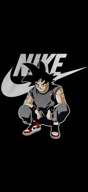 動漫戰士悟空身穿Nike運動服蹲著，背後有品牌標誌。 — iPhone 17 Pro Max 壁紙