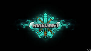 Minecraft 標誌，帶有在黑暗背景上發光的青綠色像素工具。