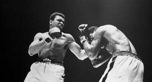 擂臺上的兩名拳擊手，一人向另一人出拳