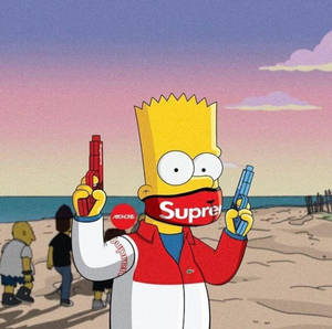 巴特·辛普森戴著 Supreme 面具，在沙灘上拿著水槍。