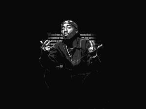 Tupac Shakur 的風格化黑白肖像，背景有歌詞。
