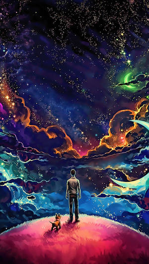 一個男人和他的狗在山上仰望帶有星雲的多彩星空。 — 銀河狼 壁紙