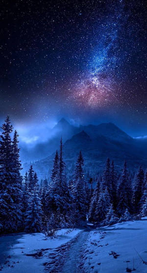 星空下積雪森林小徑，山脈與銀河 — 銀河 壁紙