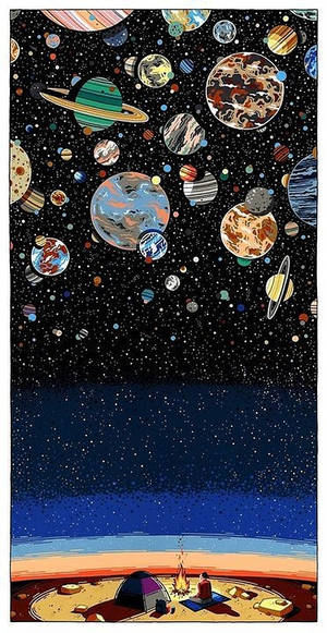 一個露營者在星空下烤棉花糖，周圍有漂浮的行星。 — 可愛星系 壁紙