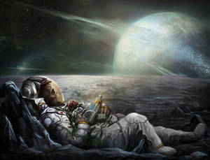 一個骷髏太空人躺喺外星行星上，喺發光月亮下揸住一朵玫瑰同一個裝置。