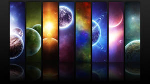 七個彩色垂直面板顯示太空中的行星和恆星。