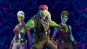三個綠色皮膚和龐克風格的喪屍Fortnite角色，在發光的抽象背景前。