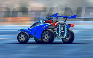 藍色Rocket League Octane汽車以動態模糊和發光燈光競速。