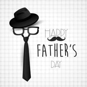 Happy Father's Day 圖形，在格子背景上帶有帽子、眼鏡、領帶和鬍子圖標。