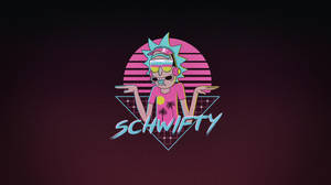 Rick Sanchez 戴著太陽眼鏡和粉紅色襯衫，在粉紅色日落背景下帶有「SCHWIFTY」文字。