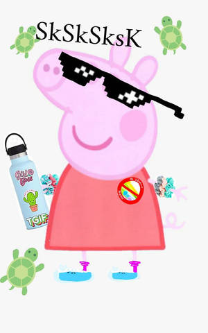 Peppa Pig 戴像素太陽眼鏡，與烏龜和仙人掌水壺一起