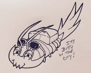 卡通龍蝦戴著頭盔和護目鏡，有火焰尾巴和文字 itty bitty in the city