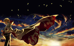 動漫戰士，飄逸的紅白斗篷，熾熱的夕陽天空，發光的樹葉。 — 可愛火影忍者 壁紙