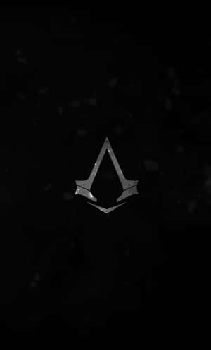 Assassin's Creed 標誌在黑暗空間中發光，帶有浮動粒子