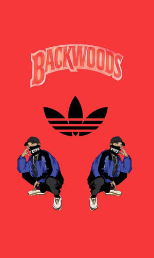 兩個戴著口罩、身穿藍色街頭服飾的人物蹲在紅色背景上的'Backwoods'和Adidas標誌下方。