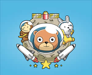 三隻卡通動物穿著太空裝備在月球上，有火箭和星星。