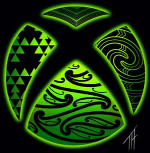 發光的綠色Xbox標誌，每個部分帶有部落設計。