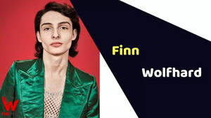 Finn Wolfhard 穿著綠色天鵝絨外套，紅色和藍色背景，顯示他的名字。
