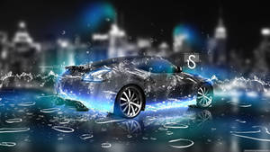 夜晚在城市中從發光的藍色水中浮現的時尚跑車。 — 可愛桌面動態圖 壁紙