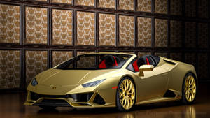 金色林寶堅尼 Huracán Spyder 配紅色座椅，在裝飾華麗的牆紙房間內。