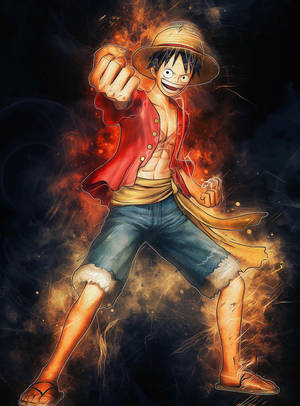 動漫男孩身穿紅色外套和草帽，以火熱的能量揮拳。