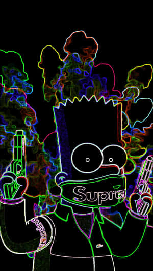Bart Simpson 以霓虹輪廓線條呈現，手持 Supreme 品牌槍枝，伴隨故障煙霧。