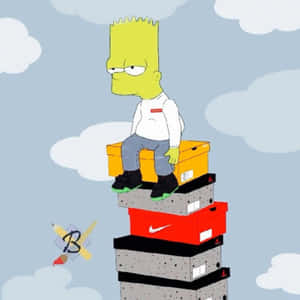 巴特·辛普森坐在堆疊的Nike鞋盒上，藝術工具漂浮著。