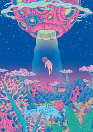 在超現實的景觀中，一個小太空人在巨大的粉紅色外星結構下，靠近發光的池子漂浮。 — 藝術 壁紙