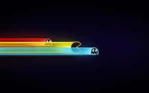 像素化的 Pacman 和鬼魂在黑暗空間中沿著彩虹軌跡移動。 — 遊戲 壁紙