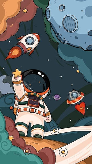 一個卡通太空人在色彩繽紛的太空場景中手持星星，背景有行星和太空船。 — 奇幻 壁紙