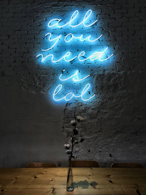 藍色霓虹燈牌寫著「all you need is lol」在磚牆上，木桌花瓶中有棉花枝。