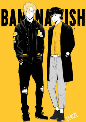 兩個穿著時尚的動漫男孩站在黃色背景前，帶有「BANANA FISH」文字。 — OnePlus Pad 2 Pro 壁紙