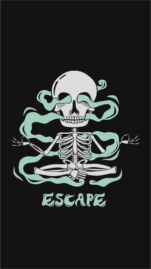 一個冥想姿勢的骷髏，伴隨著青綠色的煙霧，文字顯示為escape。