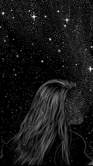長髮女性仰望星空。 — 黑白 壁紙