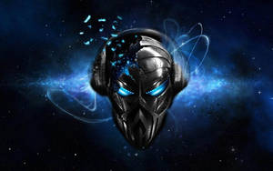 在星空太空場景中，帶有發光藍色眼睛的未來風格頭盔。