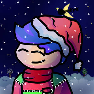 快樂的卡通人物穿著冬季裝備，在雪夜星空下與雪橇和星星一起。