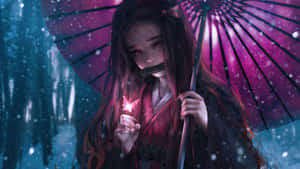動漫女孩在雪地森林中拿著發光蝴蝶和紫色雨傘，夜晚。 — 鬼滅之刃 禰豆子 壁紙