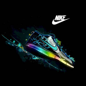 一雙發光的彩虹鞋底Nike運動鞋，漂浮在帶有霓虹軌跡的宇宙場景中。