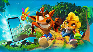 Crash Bandicoot 同 Coco 喺叢林入面奔跑，手機顯示一個瀑布。