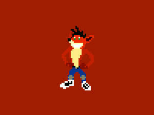 像素藝術：Crash Bandicoot雙手叉腰站在紅色背景上