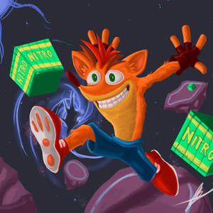 Crash Bandicoot 喺太空環境中帶住硝基方塊跳躍。