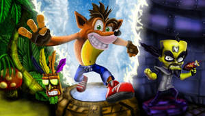 Crash Bandicoot 和 Dr. Cortex 在一個帶有發光傳送門的叢林寺廟中。