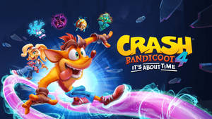 Crash Bandicoot 和 Coco 在電子遊戲場景中穿過發光的時間傳送門。