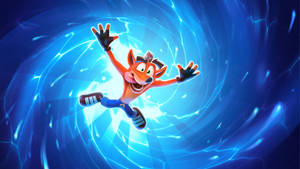 Crash Bandicoot 帶著開心的表情飛過發光的藍色能量隧道。