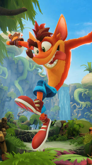Crash Bandicoot 跳過有瀑布同植物嘅叢林。