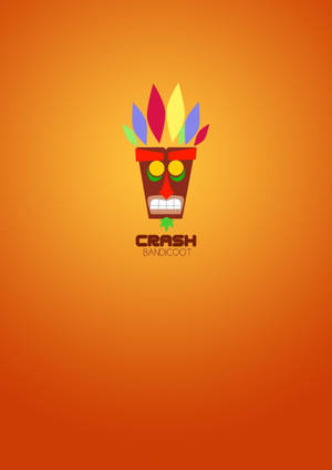 Crash Bandicoot面具，帶有色彩繽紛的羽毛，背景為橙色漸變。
